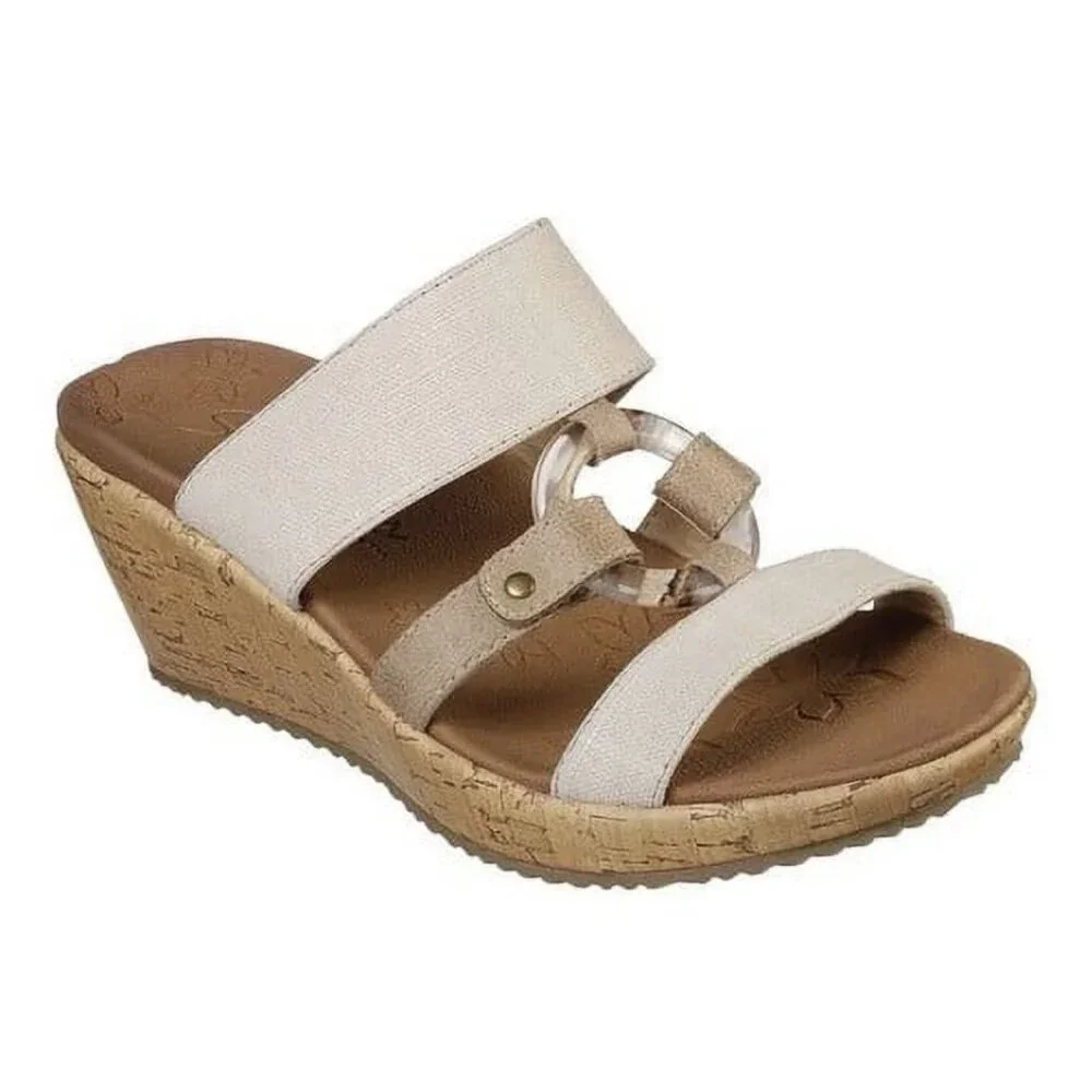 SKECHERS Cali Beverlee Sail Away Wedge Sandals Size 8 Beige Luxe Foam Slip On